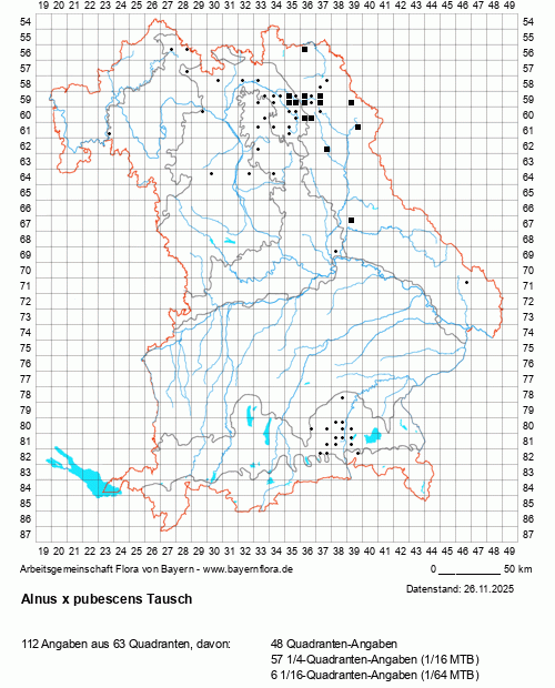 Die Verbreitungskarte zu Alnus x pubescens Tausch wird geladen ...