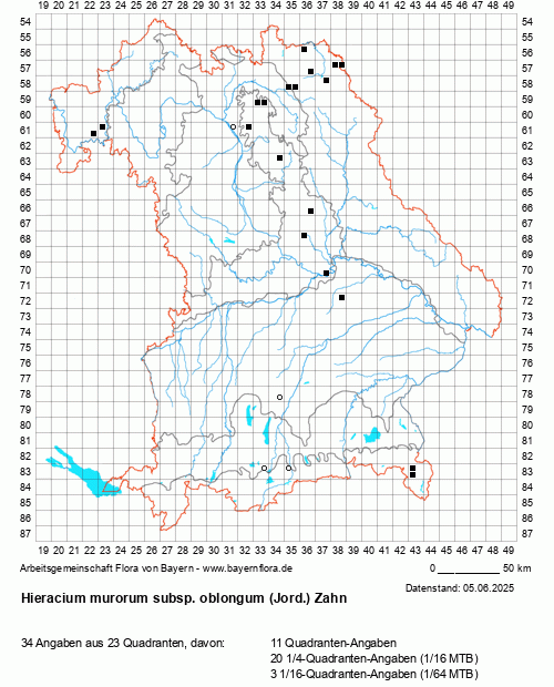 Die Verbreitungskarte zu Hieracium murorum subsp. oblongum (Jord.) Zahn wird geladen ...