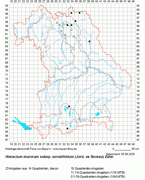 Die Verbreitungskarte zu Hieracium murorum subsp. serratifolium (Jord. ex Boreau) Zahn wird geladen ...