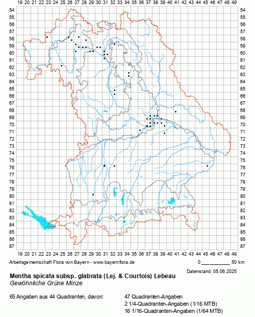 Die Verbreitungskarte zu Mentha spicata subsp. glabrata (Lej. & Courtois) Lebeau wird geladen ...