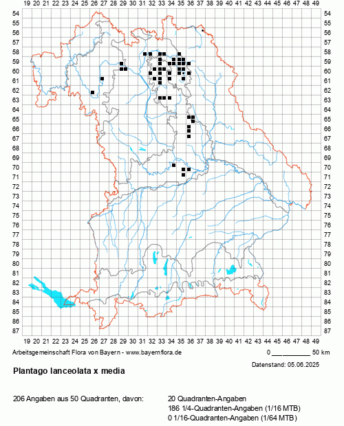 Die Verbreitungskarte zu Plantago lanceolata x media wird geladen ...