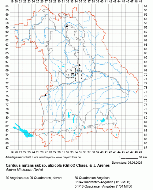 Die Verbreitungskarte zu Carduus nutans subsp. alpicola (Gillot) Chass. & J. Arènes wird geladen ...