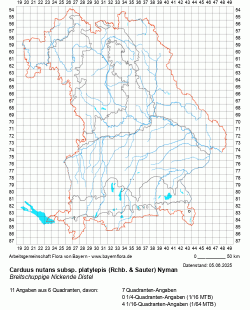 Die Verbreitungskarte zu Carduus nutans subsp. platylepis (Rchb. & Sauter) Nyman wird geladen ...