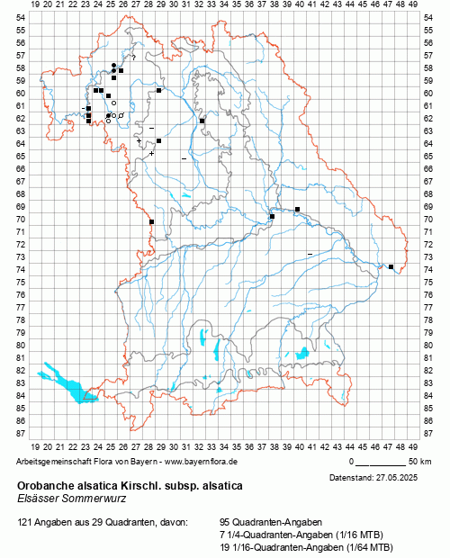 Die Verbreitungskarte zu Orobanche alsatica Kirschl. subsp. alsatica wird geladen ...