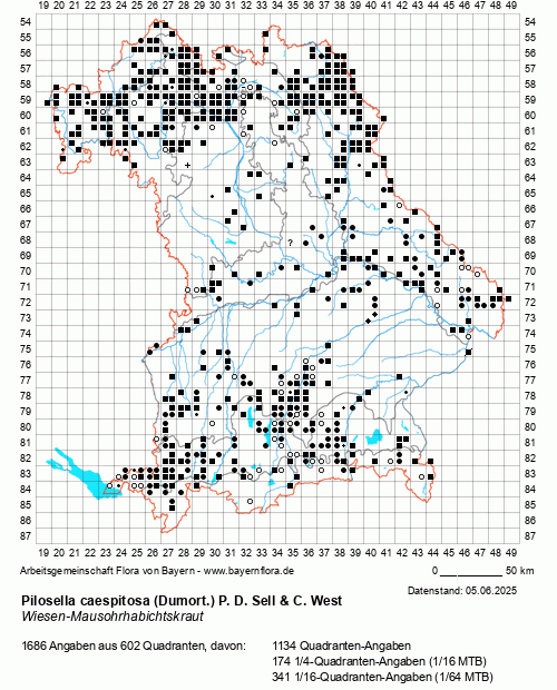 Die Verbreitungskarte zu Pilosella caespitosa (Dumort.) P. D. Sell & C. West wird geladen ...