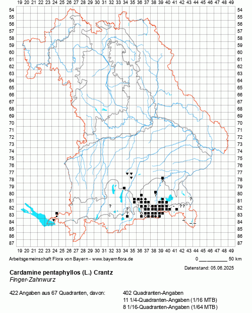 Die Verbreitungskarte zu Cardamine pentaphyllos (L.) Crantz wird geladen ...