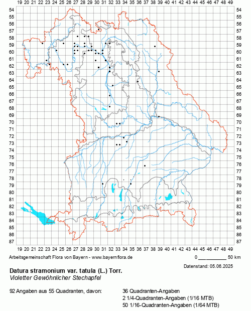 Die Verbreitungskarte zu Datura stramonium var. tatula (L.) Torr. wird geladen ...