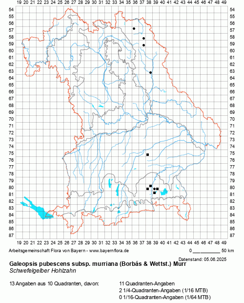 Die Verbreitungskarte zu Galeopsis pubescens subsp. murriana (Borbás & Wettst.) Murr wird geladen ...