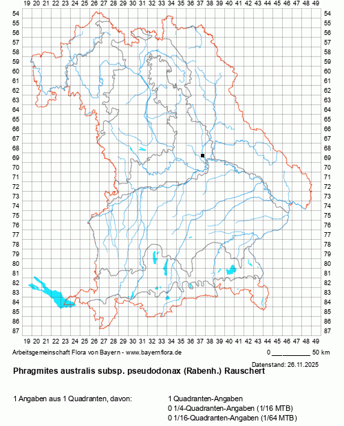 Die Verbreitungskarte zu Phragmites australis subsp. pseudodonax (Rabenh.) Rauschert wird geladen ...