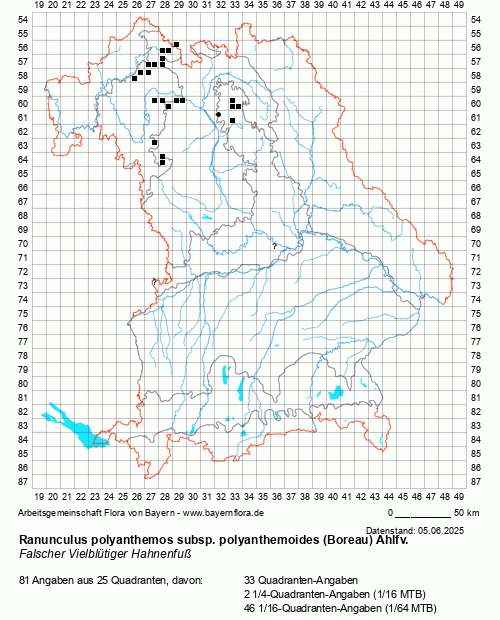 Die Verbreitungskarte zu Ranunculus polyanthemos subsp. polyanthemoides (Boreau) Ahlfv. wird geladen ...