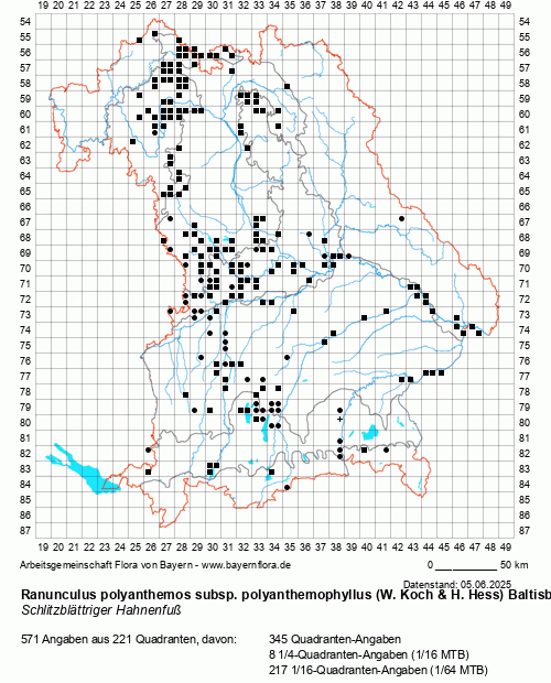 Die Verbreitungskarte zu Ranunculus polyanthemos subsp. polyanthemophyllus (W. Koch & H. Hess) Baltisb. wird geladen ...