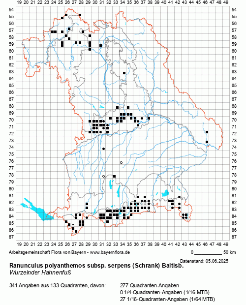 Die Verbreitungskarte zu Ranunculus polyanthemos subsp. serpens (Schrank) Baltisb. wird geladen ...