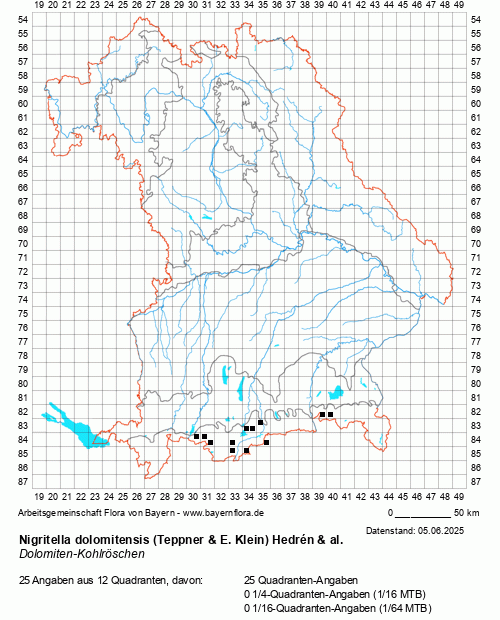 Die Verbreitungskarte zu Nigritella dolomitensis (Teppner & E. Klein) Hedrén & al. wird geladen ...