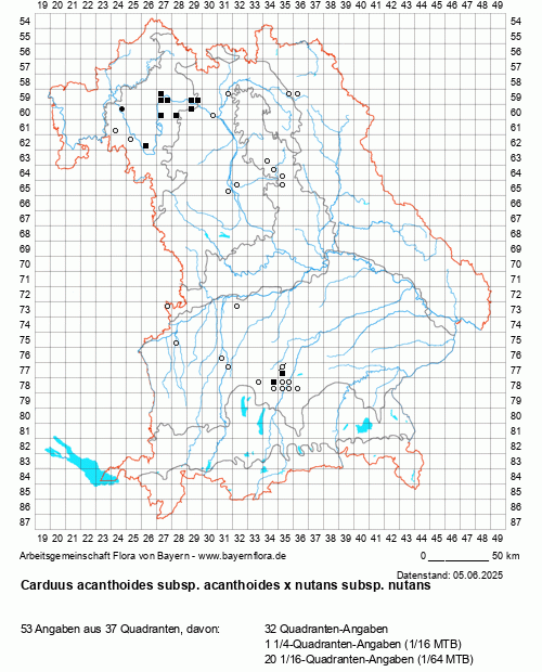 Die Verbreitungskarte zu Carduus acanthoides subsp. acanthoides x nutans subsp. nutans wird geladen ...
