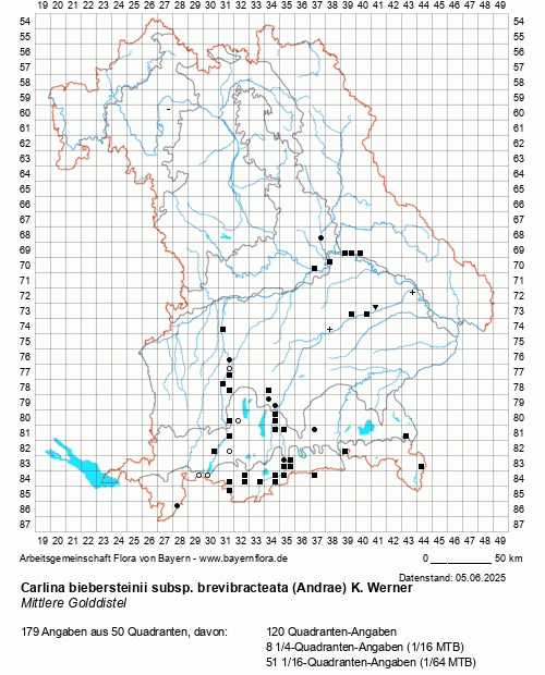 Die Verbreitungskarte zu Carlina biebersteinii subsp. brevibracteata (Andrae) K. Werner wird geladen ...