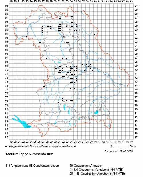 Die Verbreitungskarte zu Arctium lappa x tomentosum wird geladen ...