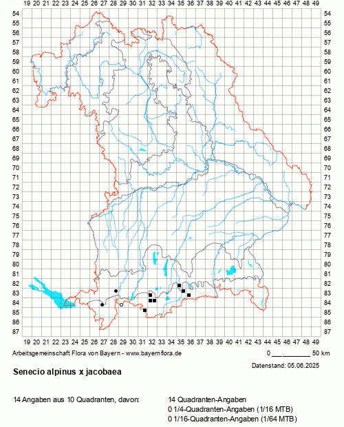 Die Verbreitungskarte zu Senecio alpinus x jacobaea wird geladen ...