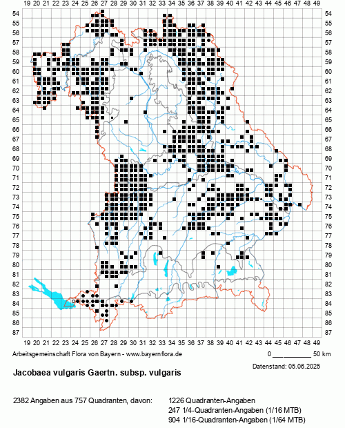 Die Verbreitungskarte zu Jacobaea vulgaris Gaertn. subsp. vulgaris wird geladen ...