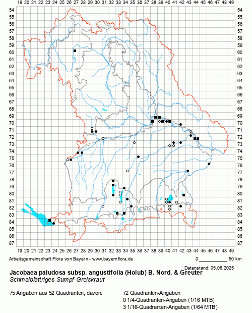 Die Verbreitungskarte zu Jacobaea paludosa subsp. angustifolia (Holub) B. Nord. & Greuter wird geladen ...