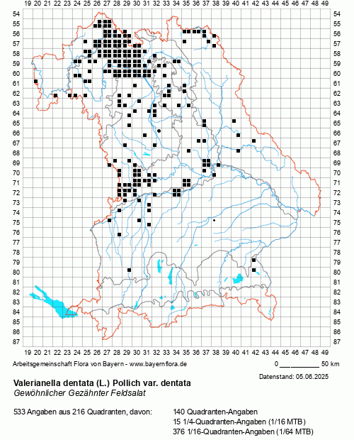 Die Verbreitungskarte zu Valerianella dentata (L.) Pollich var. dentata wird geladen ...