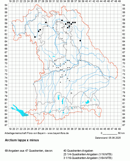 Die Verbreitungskarte zu Arctium lappa x minus wird geladen ...