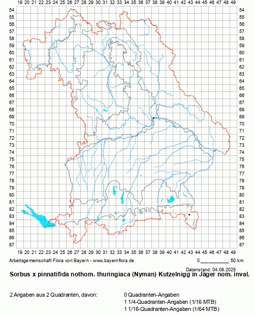 Die Verbreitungskarte zu Sorbus x pinnatifida nothom. thuringiaca (Nyman) Kutzelnigg in Jäger nom. inval. wird geladen ...
