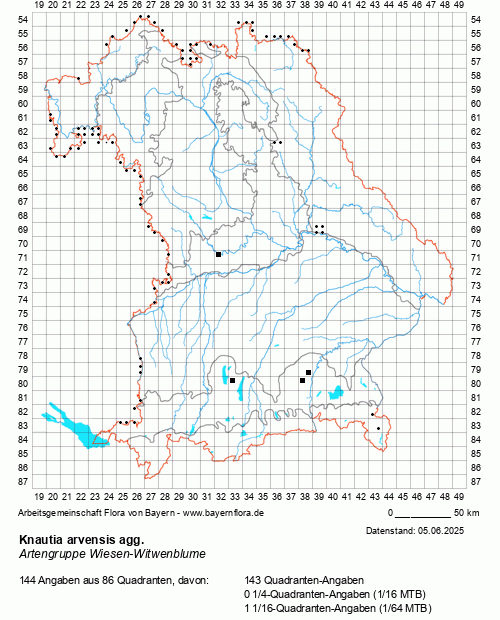Die Verbreitungskarte zu Knautia arvensis agg. wird geladen ...