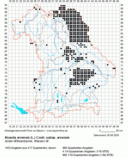 Die Verbreitungskarte zu Knautia arvensis (L.) Coult. subsp. arvensis wird geladen ...