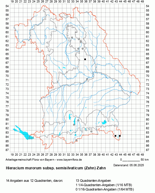 Die Verbreitungskarte zu Hieracium murorum subsp. semisilvaticum (Zahn) Zahn wird geladen ...