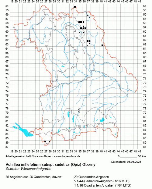 Die Verbreitungskarte zu Achillea millefolium subsp. sudetica (Opiz) Oborny wird geladen ...