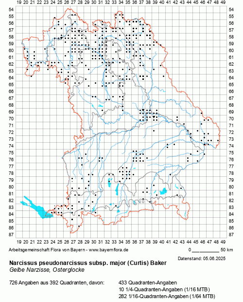 Die Verbreitungskarte zu Narcissus pseudonarcissus subsp. major (Curtis) Baker wird geladen ...