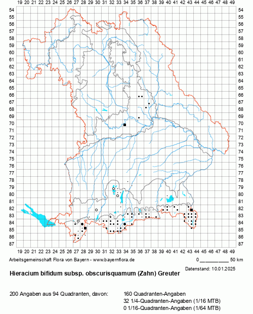 Die Verbreitungskarte zu Hieracium bifidum subsp. obscurisquamum (Zahn) Greuter wird geladen ...