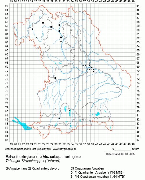 Die Verbreitungskarte zu Malva thuringiaca (L.) Vis. subsp. thuringiaca wird geladen ...