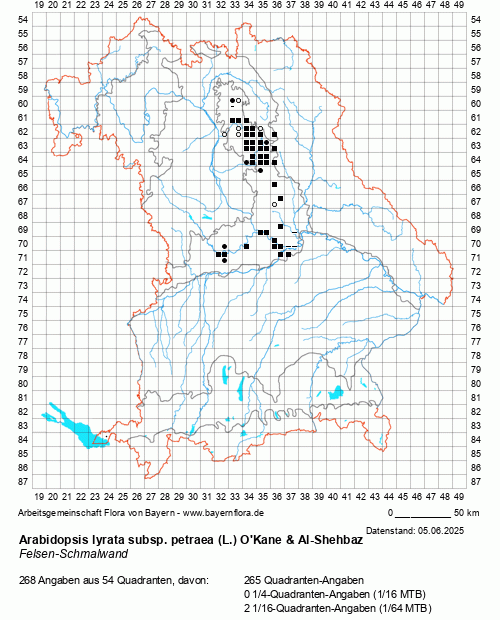 Die Verbreitungskarte zu Arabidopsis lyrata subsp. petraea (L.) O