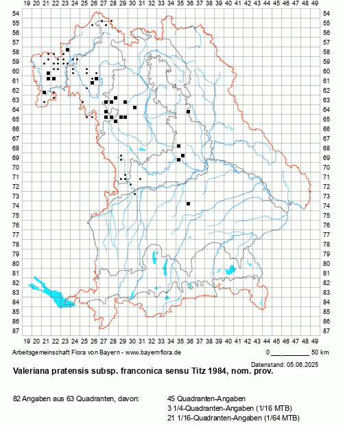 Die Verbreitungskarte zu Valeriana pratensis subsp. franconica sensu Titz 1984, nom. prov. wird geladen ...