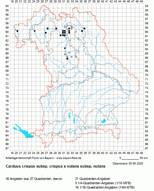 Die Verbreitungskarte zu Carduus crispus subsp. crispus x nutans subsp. nutans wird geladen ...
