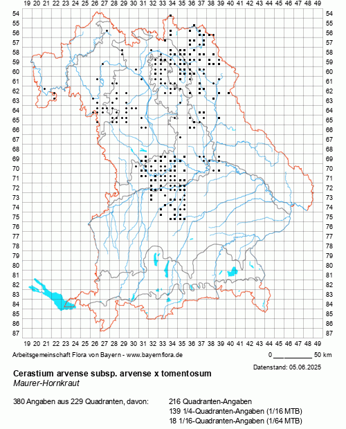 Die Verbreitungskarte zu Cerastium arvense subsp. arvense x tomentosum wird geladen ...