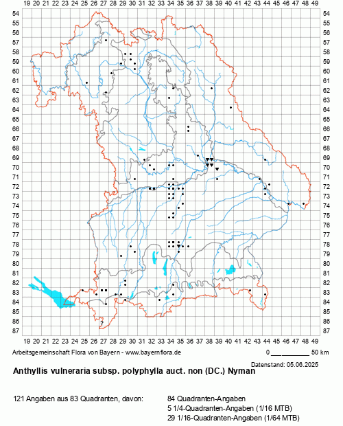 Die Verbreitungskarte zu Anthyllis vulneraria subsp. polyphylla auct. non (DC.) Nyman wird geladen ...