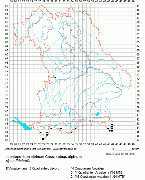 Die Verbreitungskarte zu Leontopodium alpinum Cass. subsp. alpinum wird geladen ...