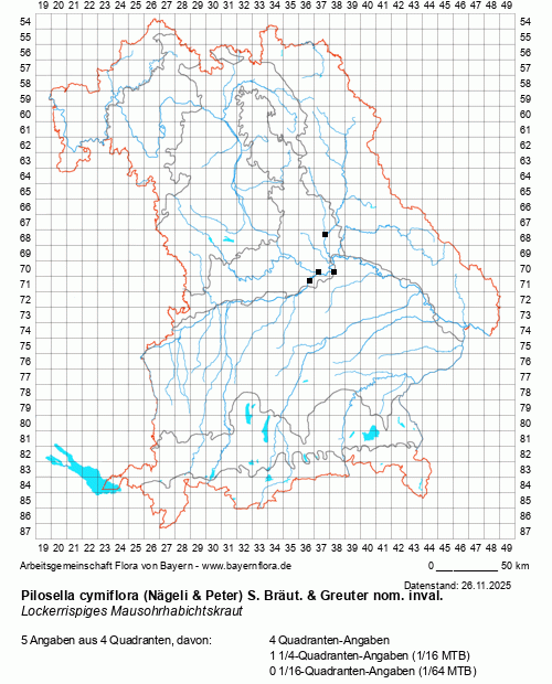 Die Verbreitungskarte zu Pilosella cymiflora (Nägeli & Peter) S. Bräut. & Greuter nom. inval. wird geladen ...