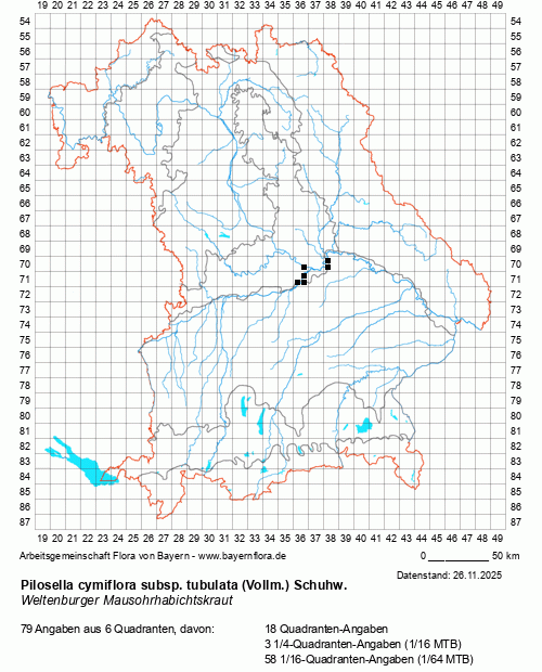 Die Verbreitungskarte zu Pilosella cymiflora subsp. tubulata (Vollm.) Schuhw. wird geladen ...