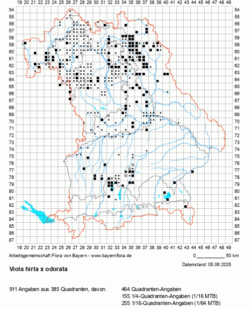 Die Verbreitungskarte zu Viola hirta x odorata wird geladen ...