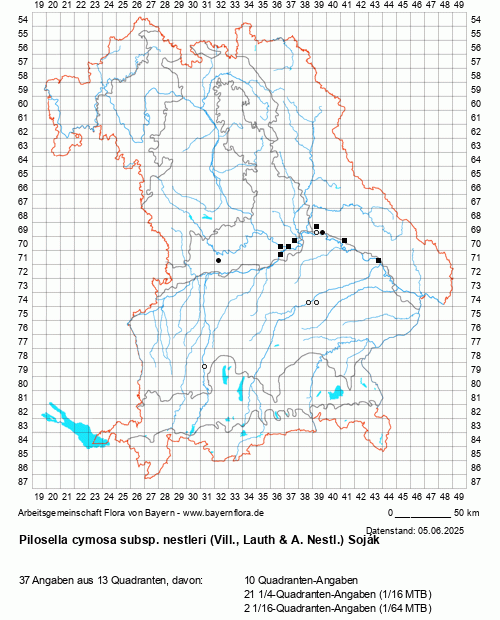 Die Verbreitungskarte zu Pilosella cymosa subsp. nestleri (Vill., Lauth & A. Nestl.) Soják wird geladen ...