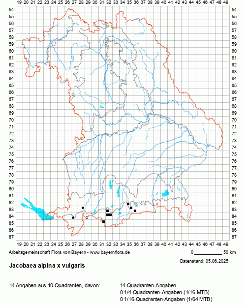 Die Verbreitungskarte zu Jacobaea alpina x vulgaris wird geladen ...