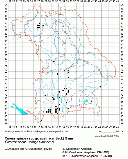 Die Verbreitungskarte zu Ononis spinosa subsp. austriaca (Beck) Gams wird geladen ...