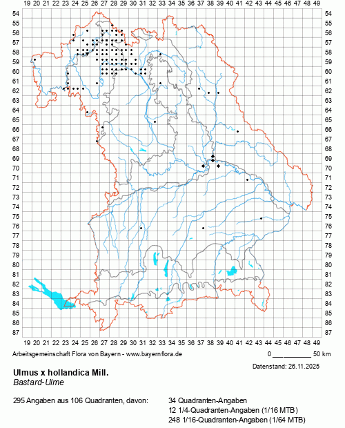 Die Verbreitungskarte zu Ulmus x hollandica Mill. wird geladen ...