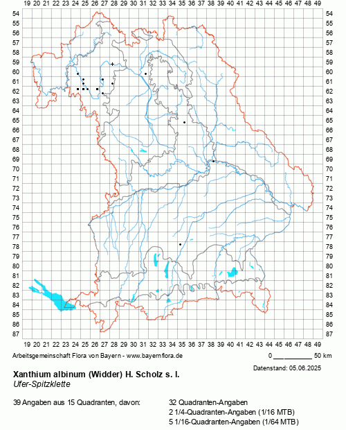 Die Verbreitungskarte zu Xanthium albinum (Widder) H. Scholz s. l. wird geladen ...