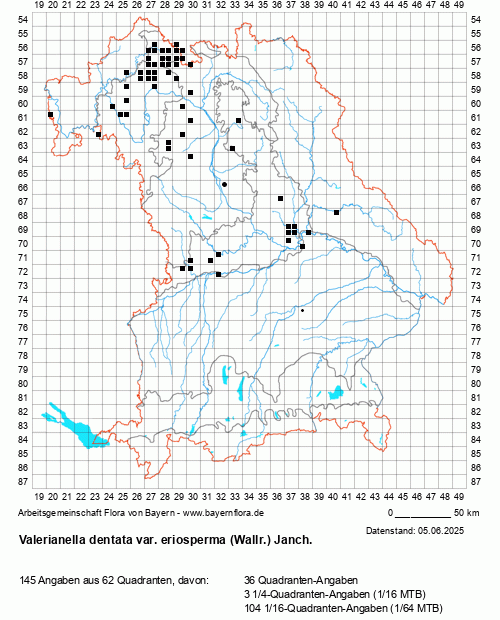 Die Verbreitungskarte zu Valerianella dentata var. eriosperma (Wallr.) Janch. wird geladen ...