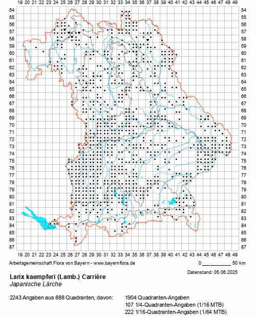 Die Verbreitungskarte zu Larix kaempferi (Lamb.) Carrière wird geladen ...