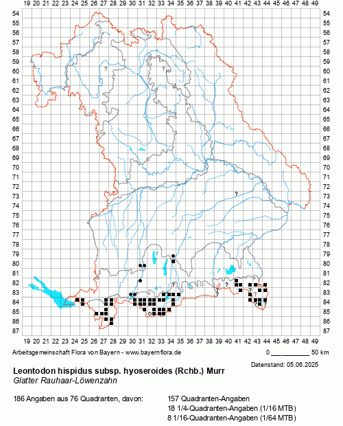 Die Verbreitungskarte zu Leontodon hispidus subsp. hyoseroides (Rchb.) Murr wird geladen ...